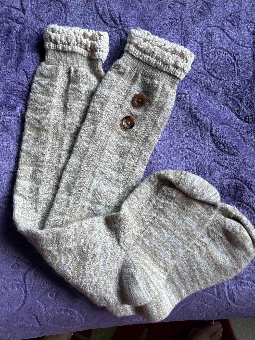 Cozy Knee high Socks NWOT with Button Detail - Cream lace trim